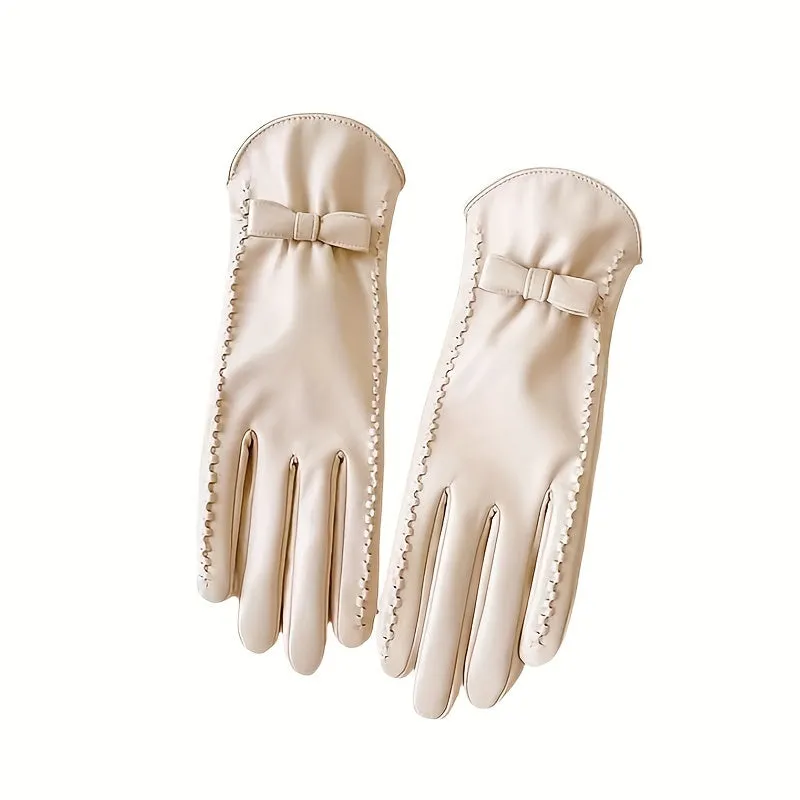 1PC Premium Faux Sheepskin PU Leather Gloves - Water-Resistant, Windproof, Warm Lining, Full Finger Touch Screen, Embroidery and Weave Details for Outdoor Cycling, Weekend Casual - Inelastic, Hand Washable, Cold Weather Protection