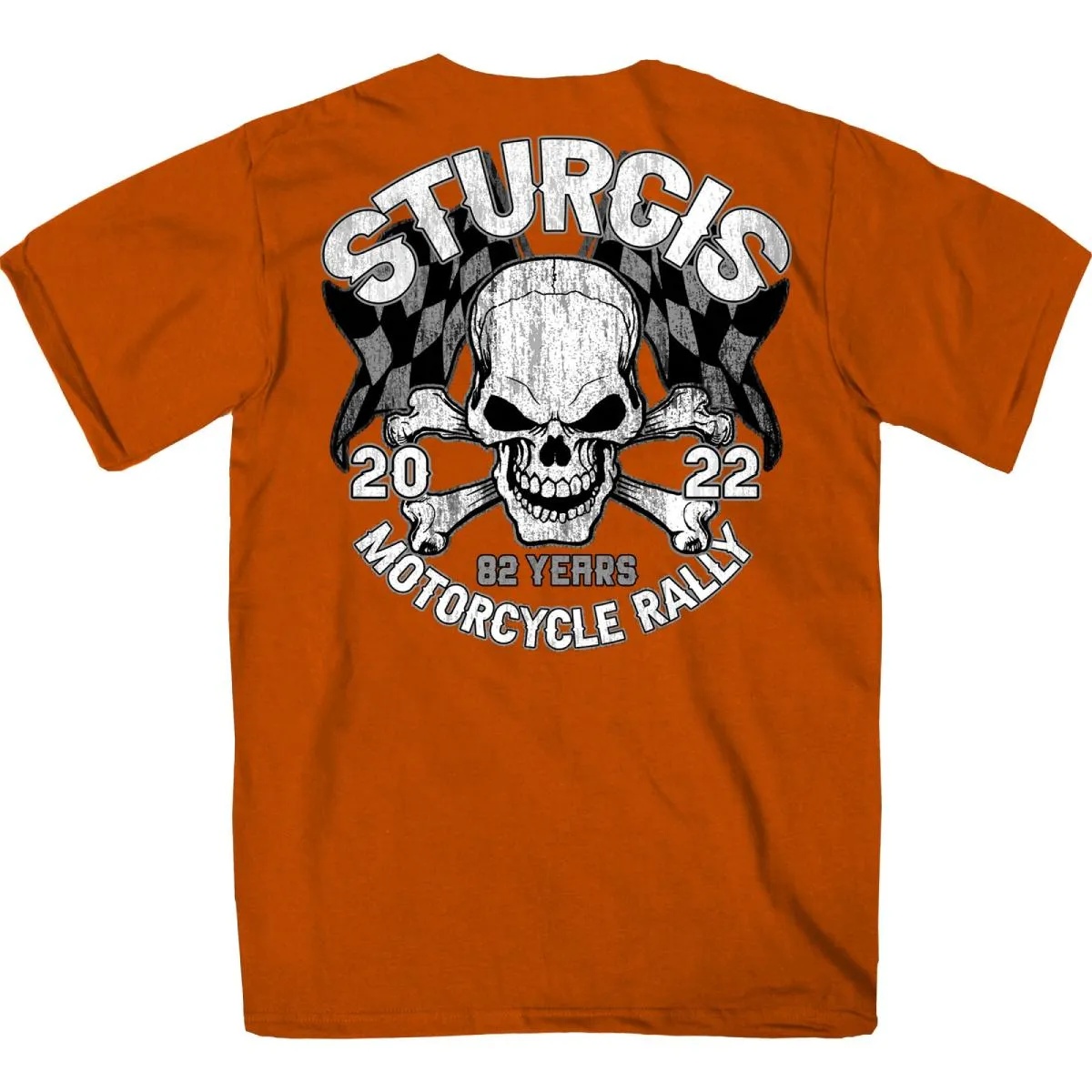 2022 Sturgis Motorcycle Rally SPB1011 Men’s Skull And Checkered Flag Orange T Shirt