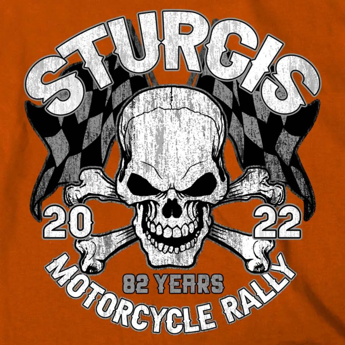 2022 Sturgis Motorcycle Rally SPB1011 Men’s Skull And Checkered Flag Orange T Shirt