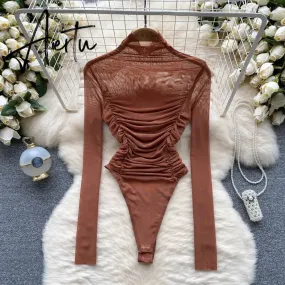 Aiertu Autumn Mesh Basic Top Women Turtleneck Long Sleeve Ruched Open Crotch Slim Playsuits Fashion Sheer Sexy Bodysuits