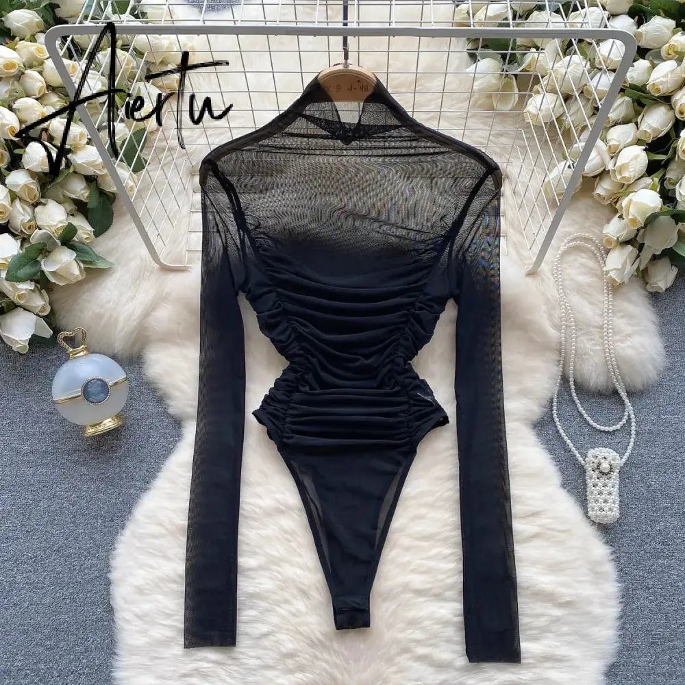 Aiertu Autumn Mesh Basic Top Women Turtleneck Long Sleeve Ruched Open Crotch Slim Playsuits Fashion Sheer Sexy Bodysuits