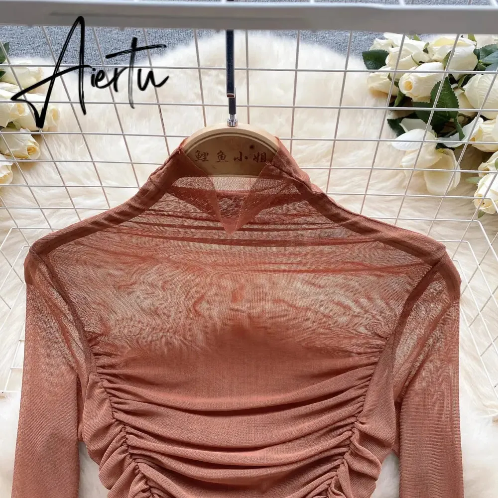 Aiertu Autumn Mesh Basic Top Women Turtleneck Long Sleeve Ruched Open Crotch Slim Playsuits Fashion Sheer Sexy Bodysuits