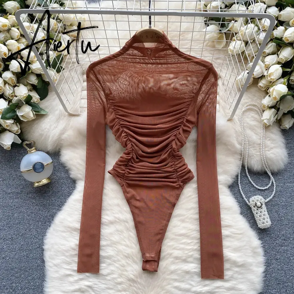 Aiertu Autumn Mesh Basic Top Women Turtleneck Long Sleeve Ruched Open Crotch Slim Playsuits Fashion Sheer Sexy Bodysuits