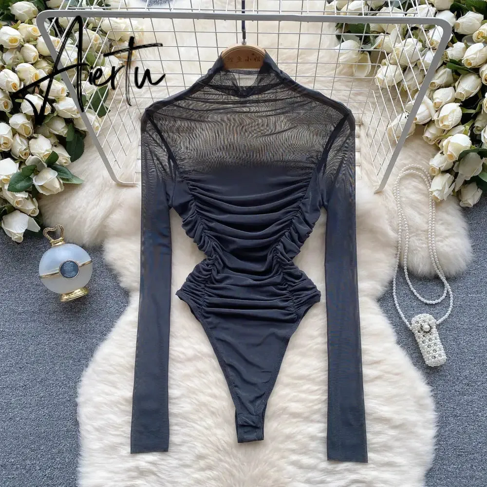 Aiertu Autumn Mesh Basic Top Women Turtleneck Long Sleeve Ruched Open Crotch Slim Playsuits Fashion Sheer Sexy Bodysuits