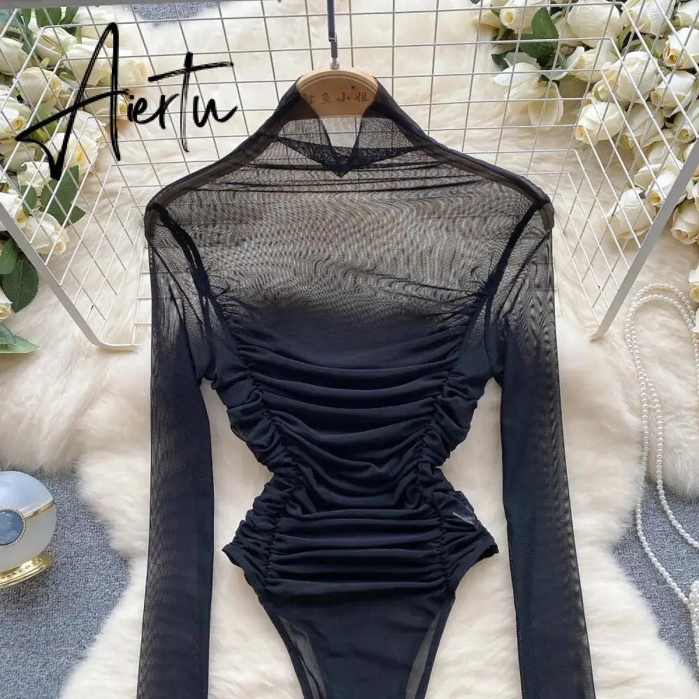 Aiertu Autumn Mesh Basic Top Women Turtleneck Long Sleeve Ruched Open Crotch Slim Playsuits Fashion Sheer Sexy Bodysuits