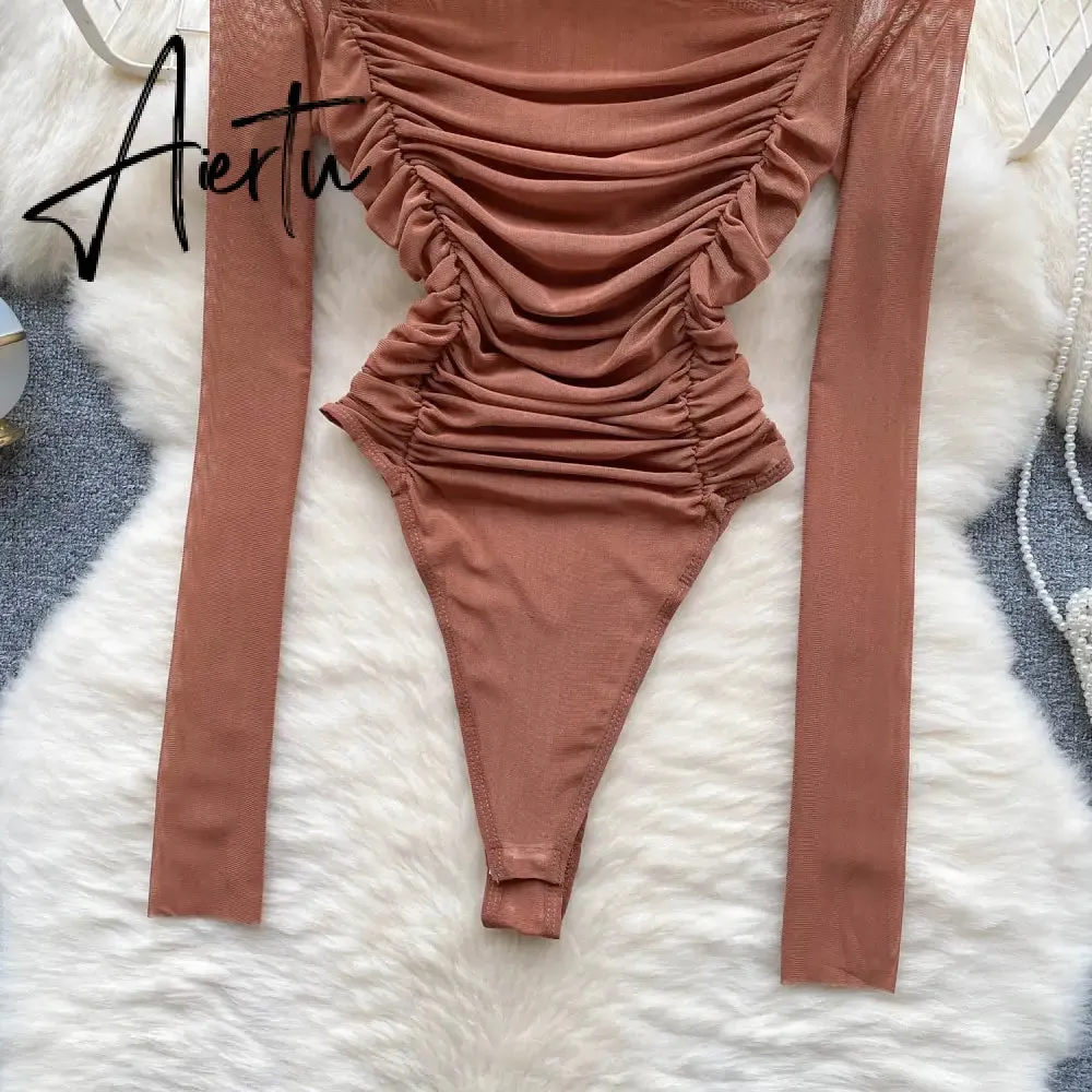 Aiertu Autumn Mesh Basic Top Women Turtleneck Long Sleeve Ruched Open Crotch Slim Playsuits Fashion Sheer Sexy Bodysuits