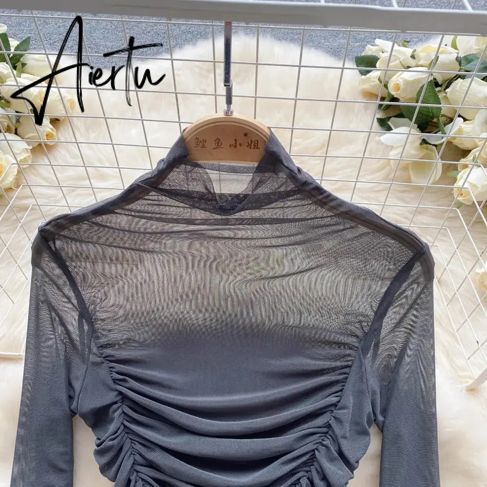 Aiertu Autumn Mesh Basic Top Women Turtleneck Long Sleeve Ruched Open Crotch Slim Playsuits Fashion Sheer Sexy Bodysuits