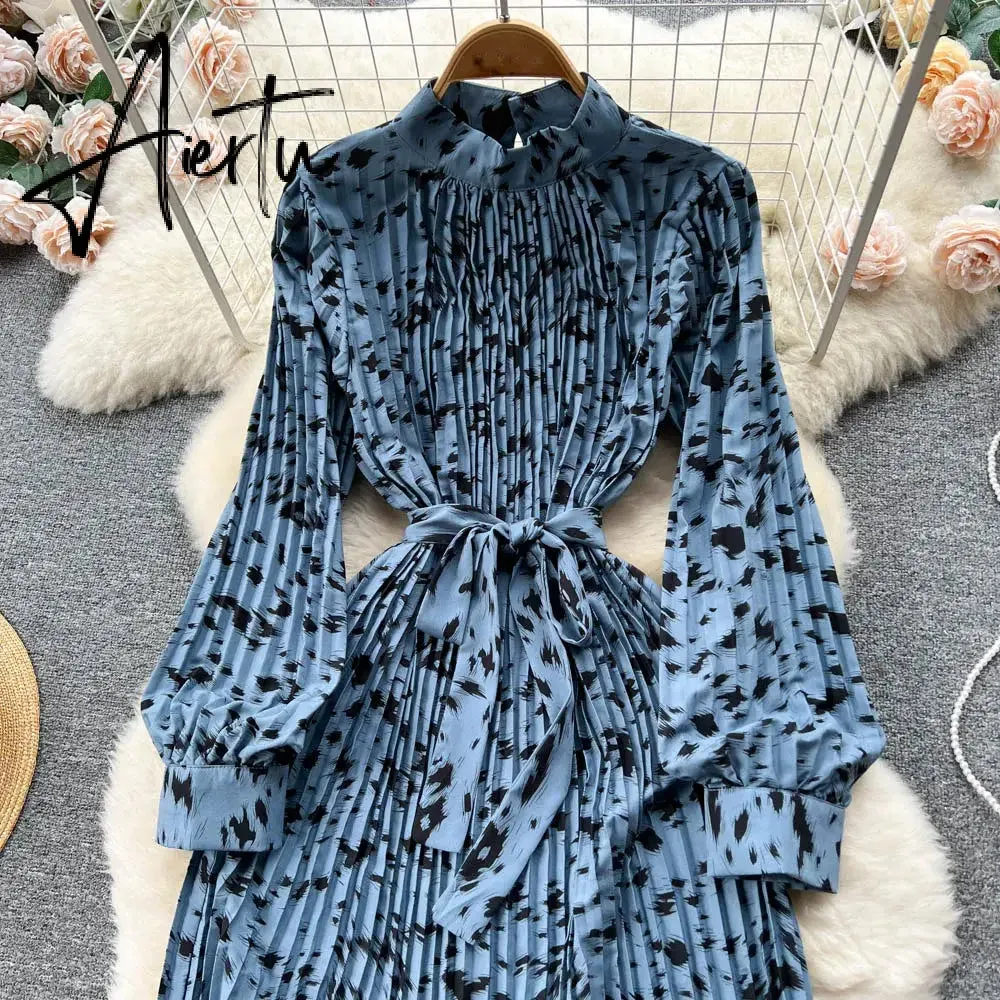 Aiertu Senior  French Retro Dress Turtleneck Long Lantern Sleeves Belt Pleated Women Streetwear Elegant Party Vintage Dress