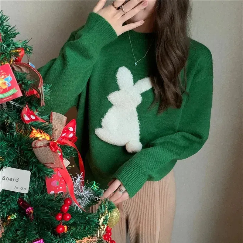 Amozae-2024 Spring New Arrival Cute Rabbit Sweater Stylish Knitted Top Christmas Festive Atmosphere Sweater Crew Neck