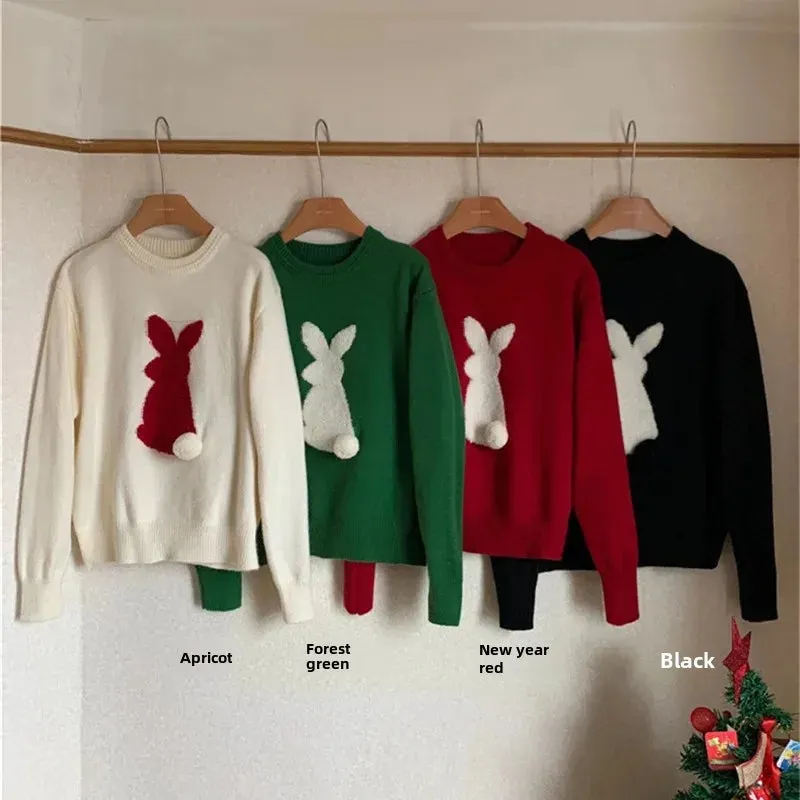 Amozae-2024 Spring New Arrival Cute Rabbit Sweater Stylish Knitted Top Christmas Festive Atmosphere Sweater Crew Neck