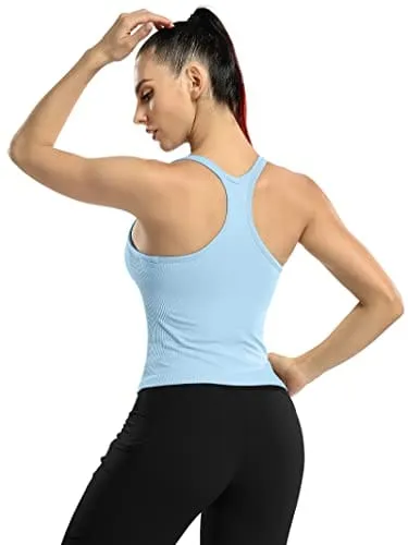 ATTRACO Women Yoga Racerback Tank Tops with Built in Bra Tight Fit Ribbed Crop Top Blue S