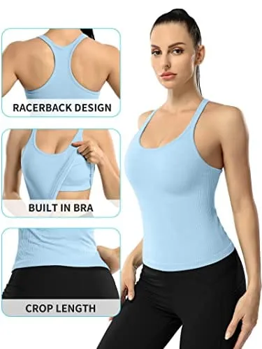 ATTRACO Women Yoga Racerback Tank Tops with Built in Bra Tight Fit Ribbed Crop Top Blue S