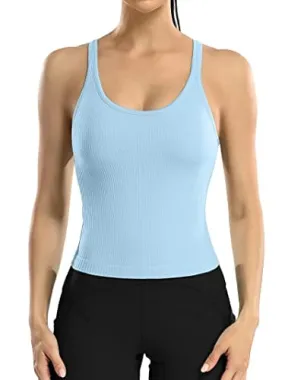 ATTRACO Women Yoga Racerback Tank Tops with Built in Bra Tight Fit Ribbed Crop Top Blue S