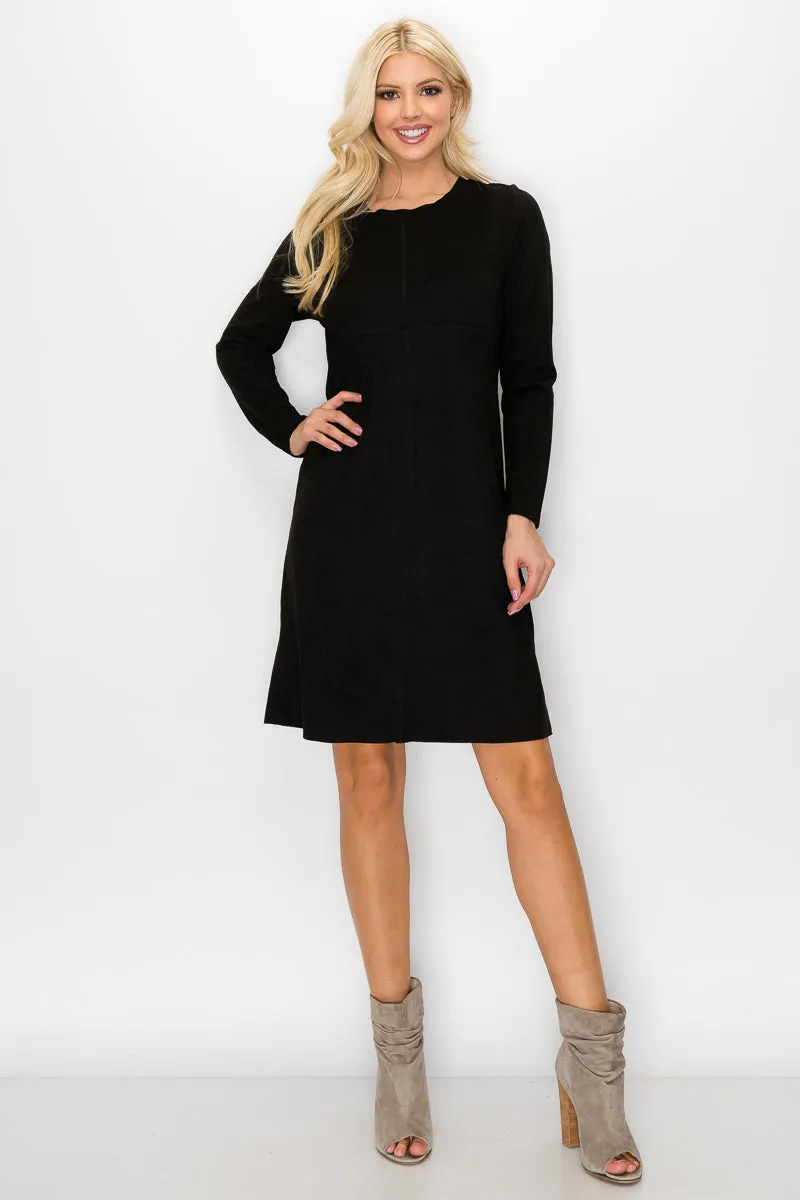 Aurora Long Sleeve Suede Dress - Black