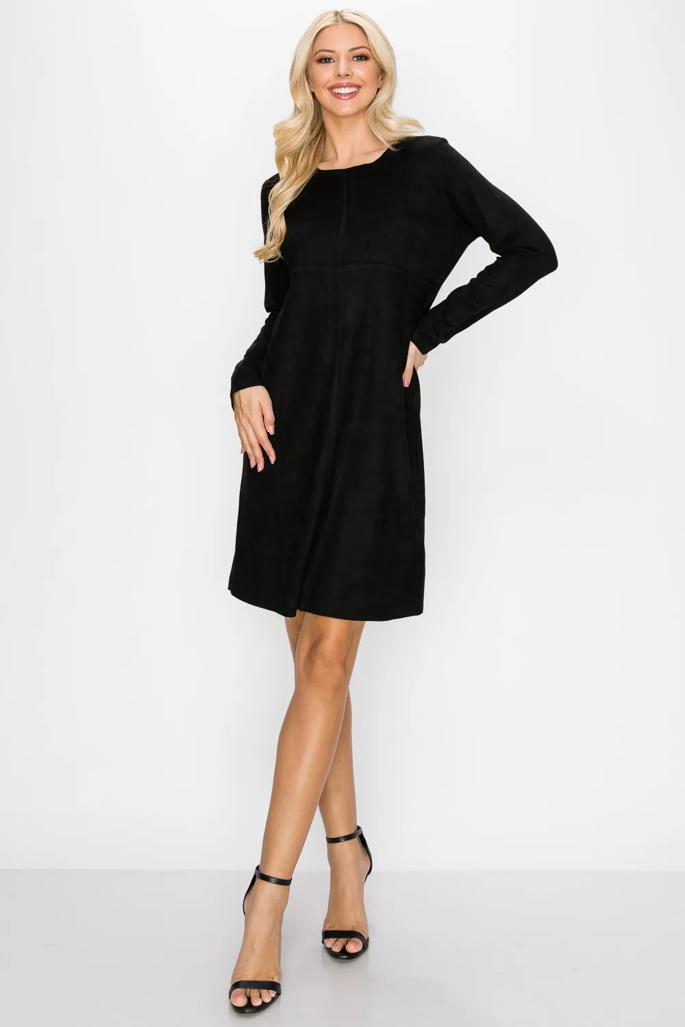 Aurora Long Sleeve Suede Dress - Black