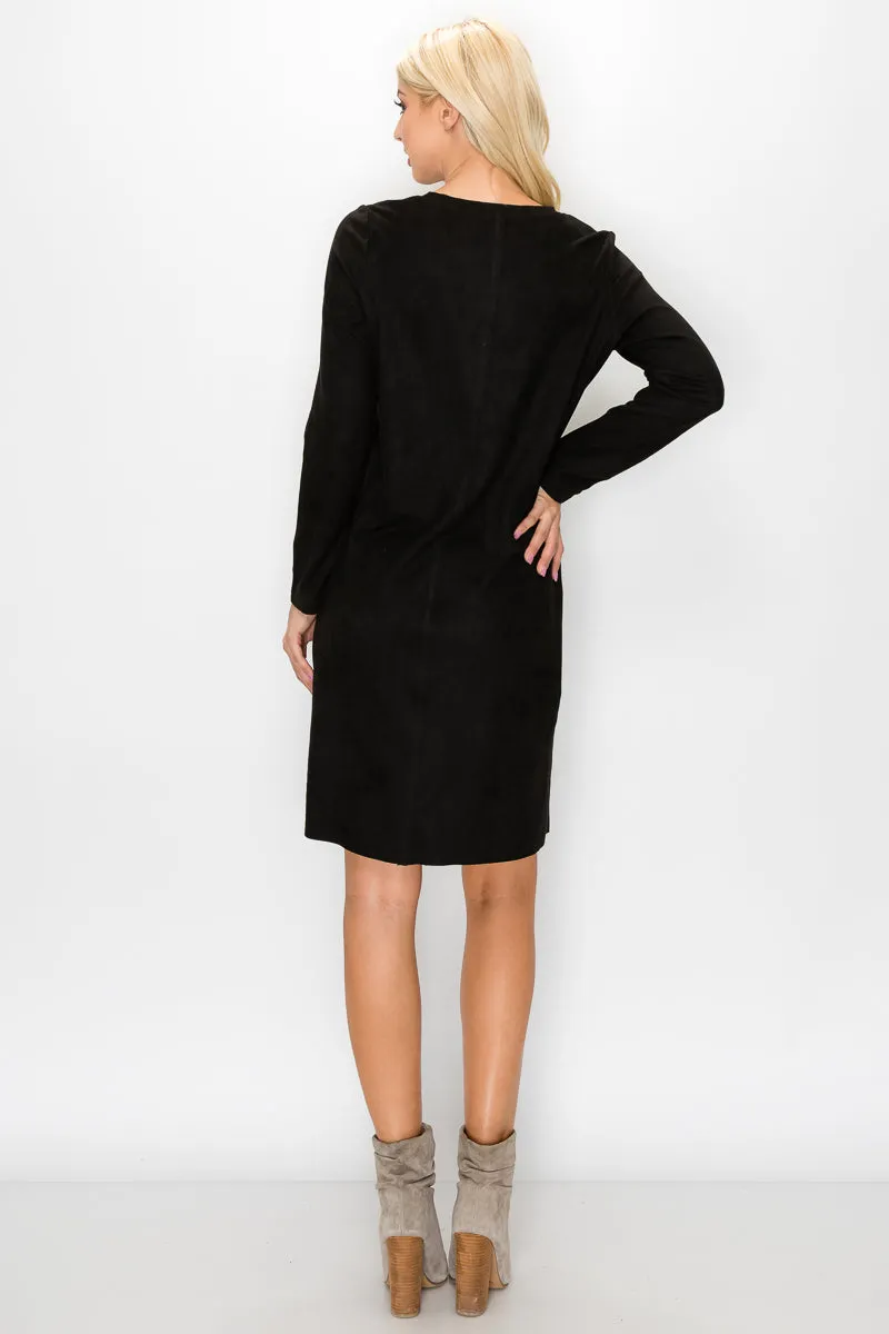 Aurora Long Sleeve Suede Dress - Black