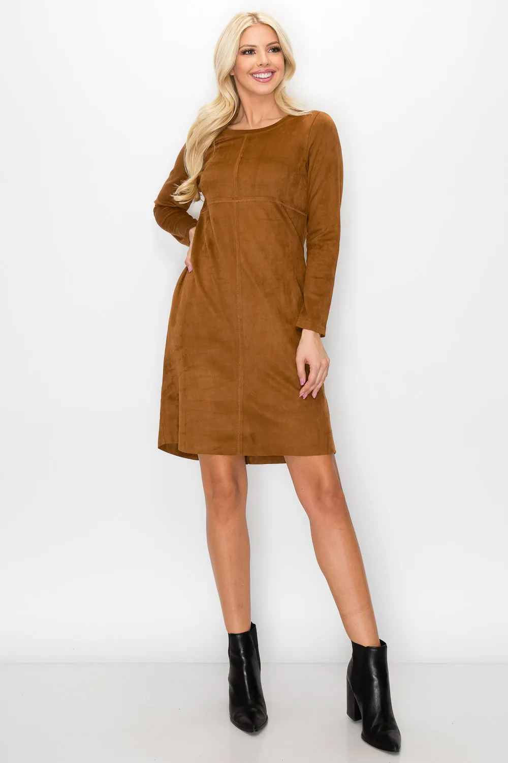 Aurora Long Sleeve Suede Dress - Caramel