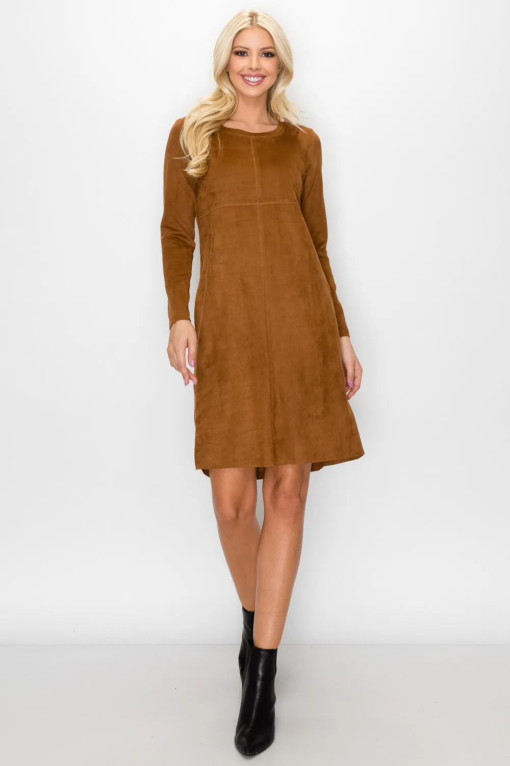 Aurora Long Sleeve Suede Dress - Caramel