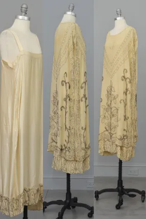 Authentic 1920s Cream Silk Beaded Two Piece Flapper Wedding Dress Tunic