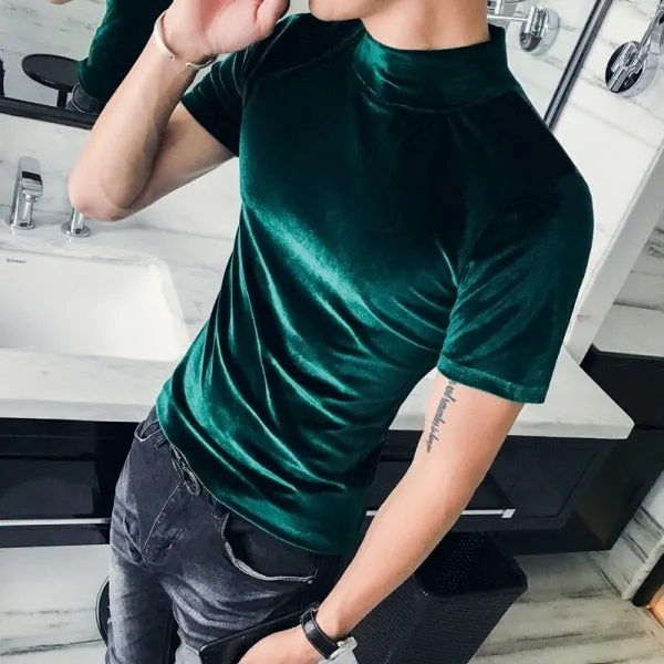 Autumn Winter T Shirt Men Fashion  Turtleneck Streetwear Mens T-Shirts Short Sleeve High Quality Velvet Tee Shirt Homme 3XL