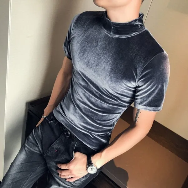 Autumn Winter T Shirt Men Fashion  Turtleneck Streetwear Mens T-Shirts Short Sleeve High Quality Velvet Tee Shirt Homme 3XL