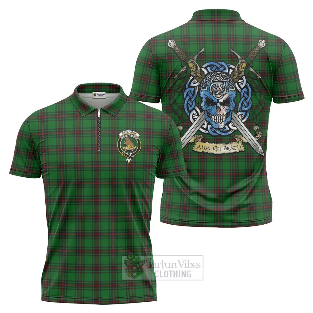 Beveridge Tartan Zipper Polo Shirt with Family Crest Celtic Skull Style