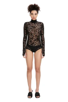 Black Floral Lace Sheer Long Sleeve Turtleneck Bodysuit