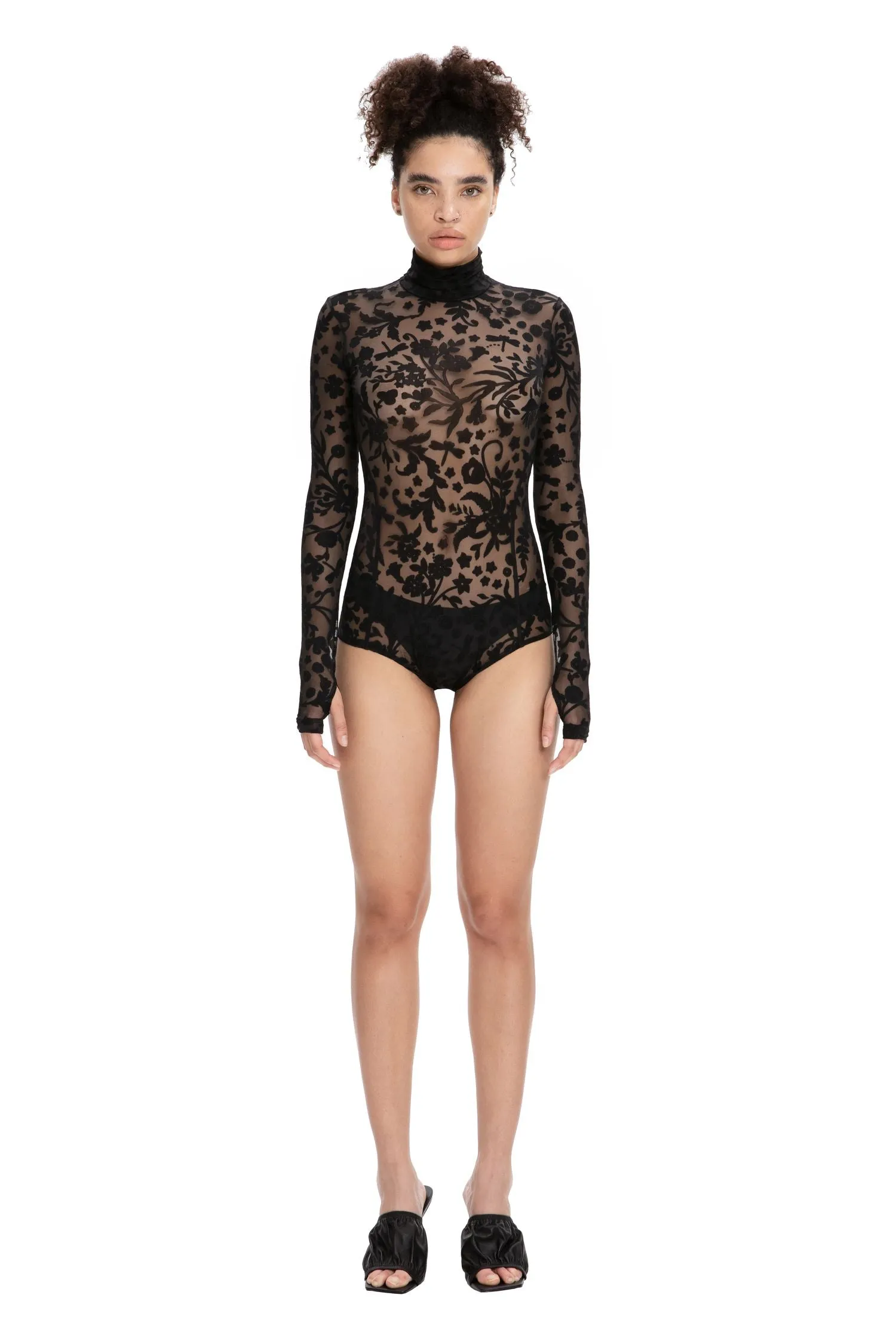 Black Floral Lace Sheer Long Sleeve Turtleneck Bodysuit