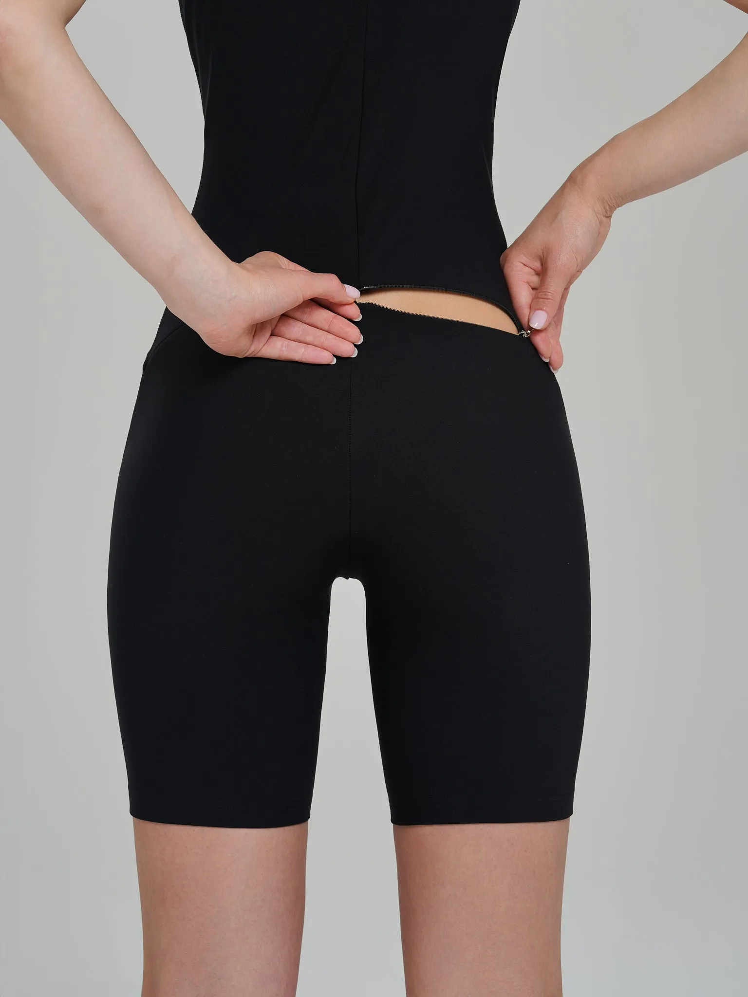 Black High Neck Zip Up Sleeveless Workout Shorts Bodysuit