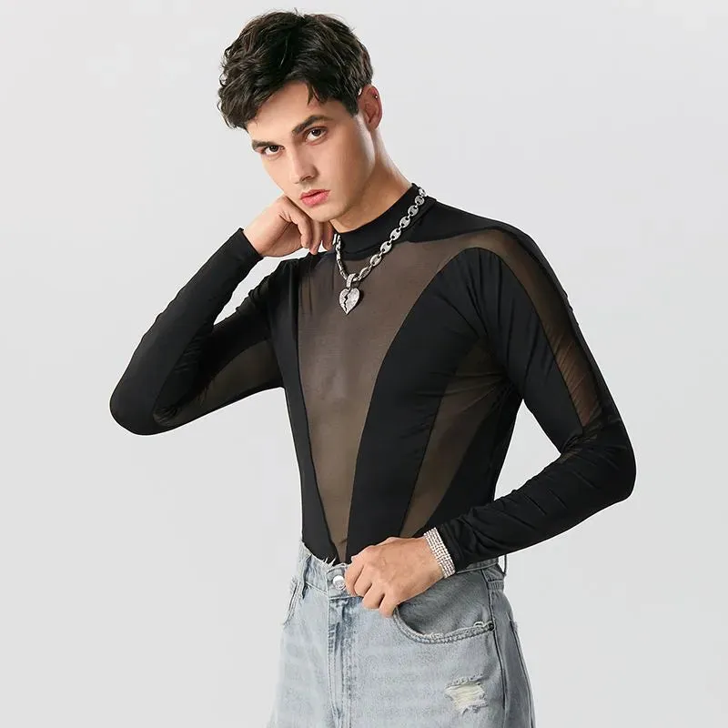 Black Mesh Transparent Patchwork Bodysuit