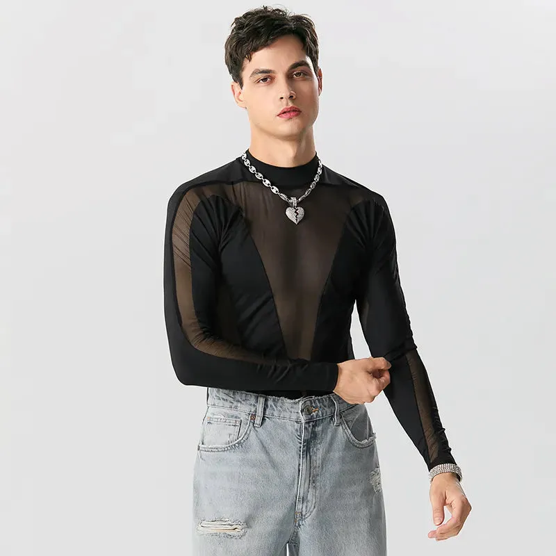 Black Mesh Transparent Patchwork Bodysuit