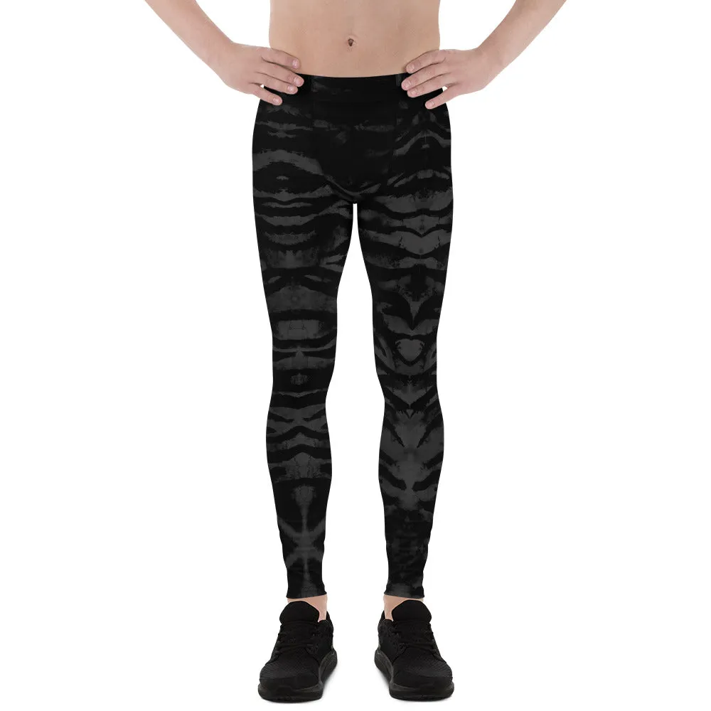 Black Tiger Stripe Men's Leggings, Animal Print Meggings Run Tights-Made in USA/EU