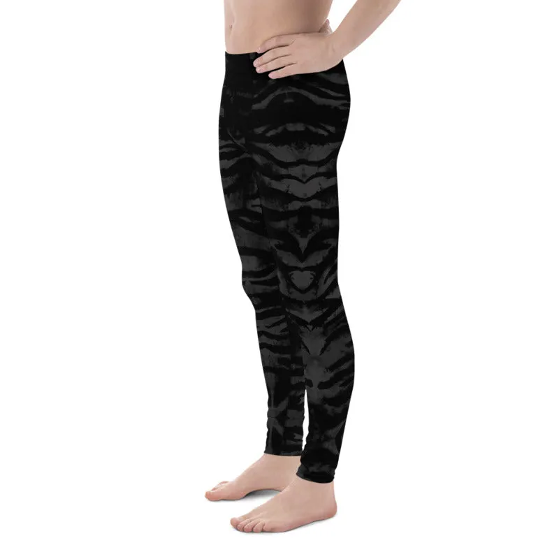 Black Tiger Stripe Men's Leggings, Animal Print Meggings Run Tights-Made in USA/EU