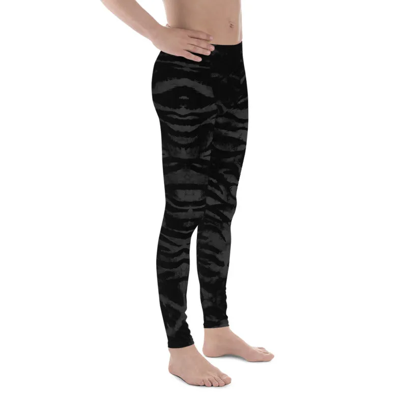 Black Tiger Stripe Men's Leggings, Animal Print Meggings Run Tights-Made in USA/EU