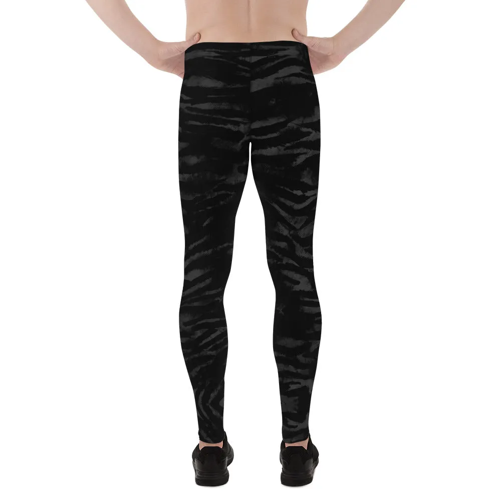 Black Tiger Stripe Men's Leggings, Animal Print Meggings Run Tights-Made in USA/EU