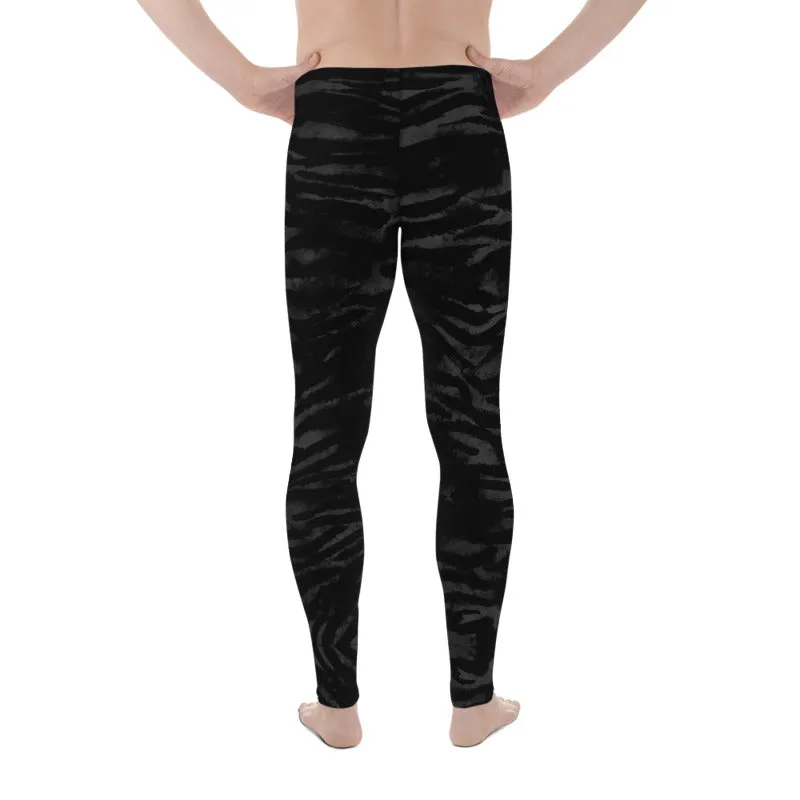 Black Tiger Stripe Men's Leggings, Animal Print Meggings Run Tights-Made in USA/EU