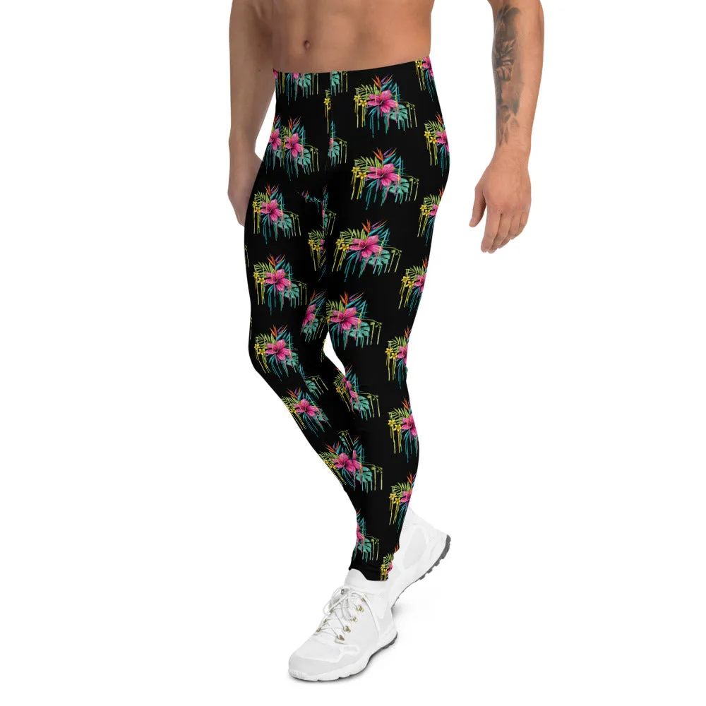 Black Tropical Men's Leggings, Tropical Floral Meggings Compression Tights-Made in USA/EU