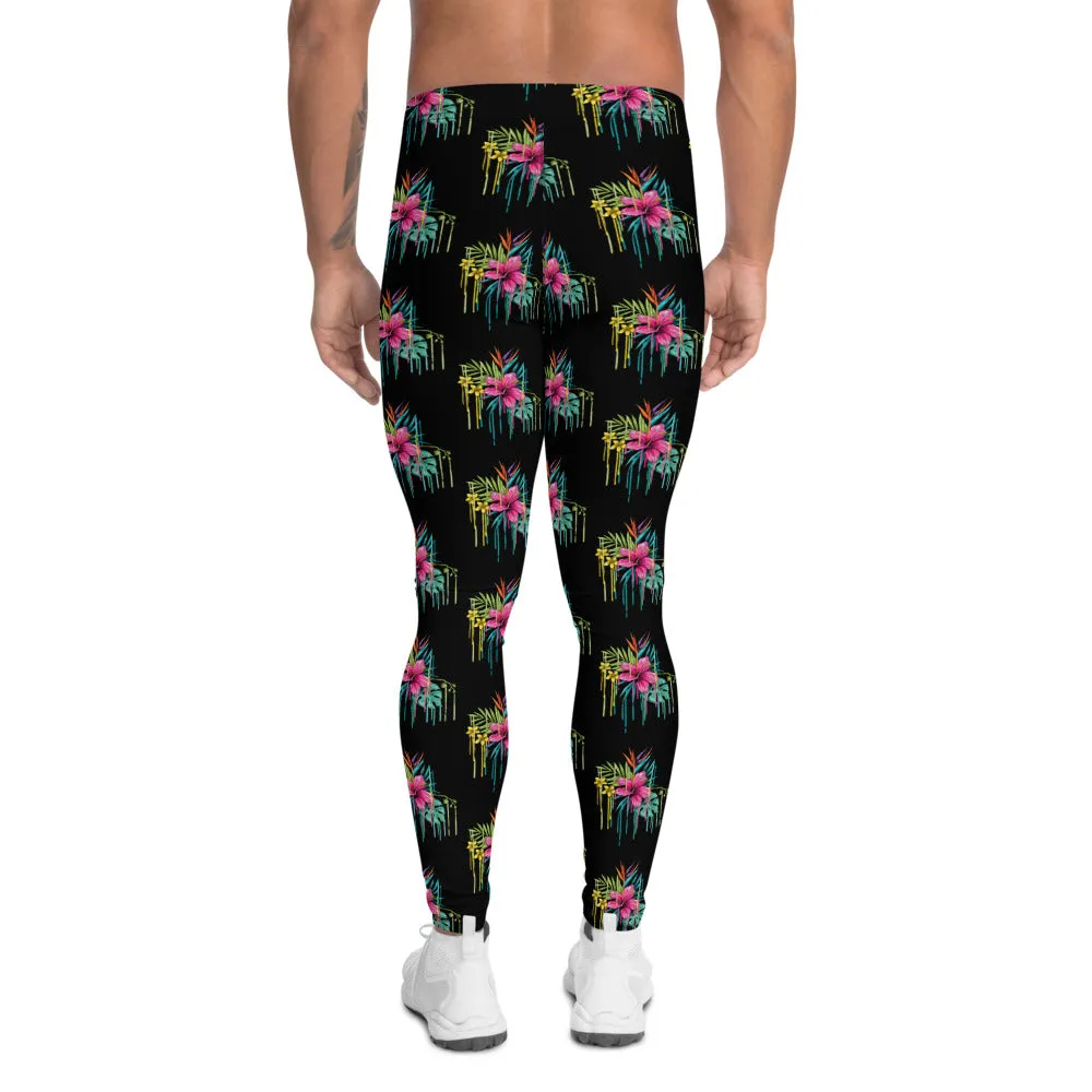 Black Tropical Men's Leggings, Tropical Floral Meggings Compression Tights-Made in USA/EU