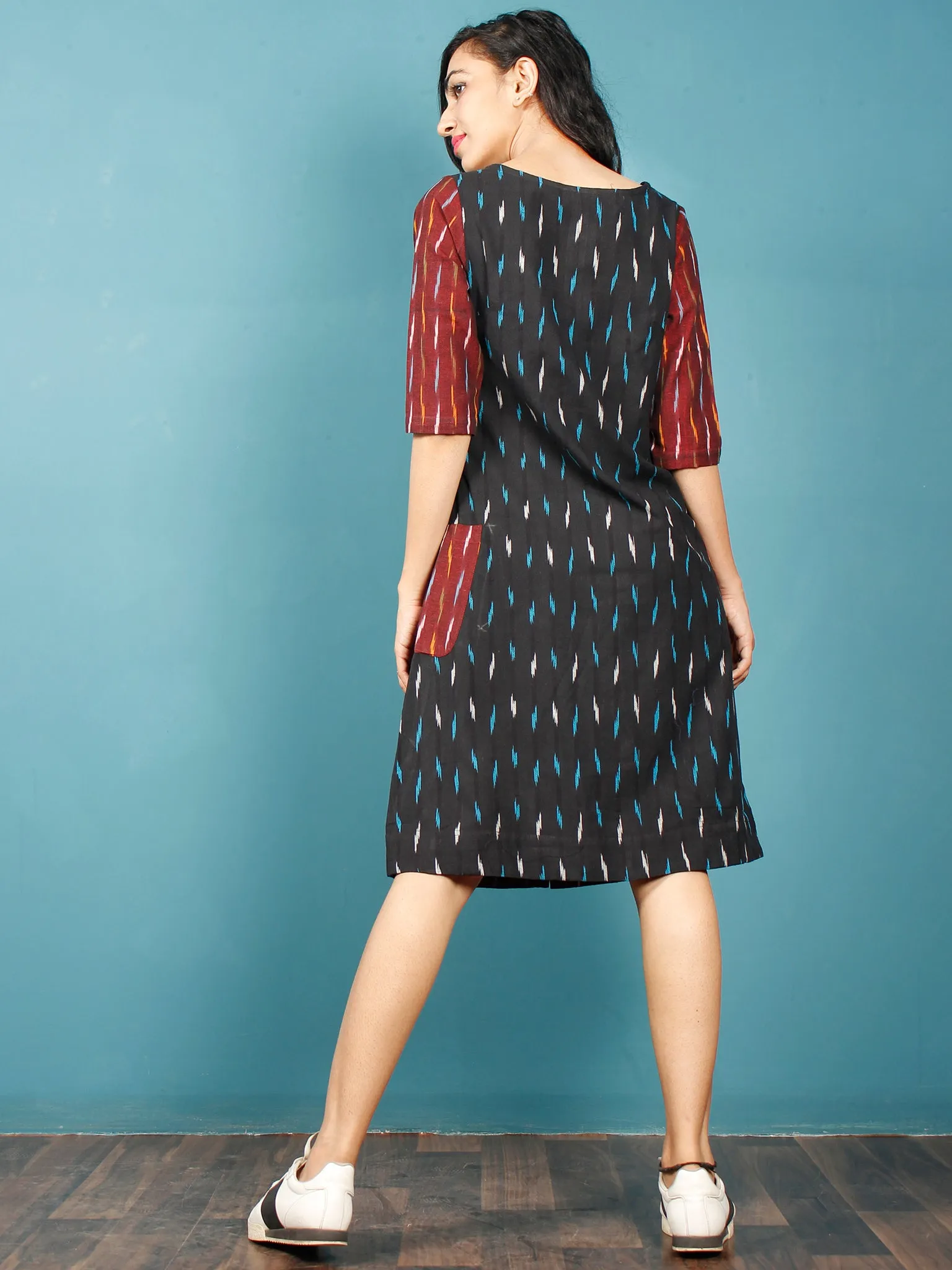 Black Turquoise Maroon White Ikat Handwoven Tunic Dress With Side Pockets And Back Slit - D66F739