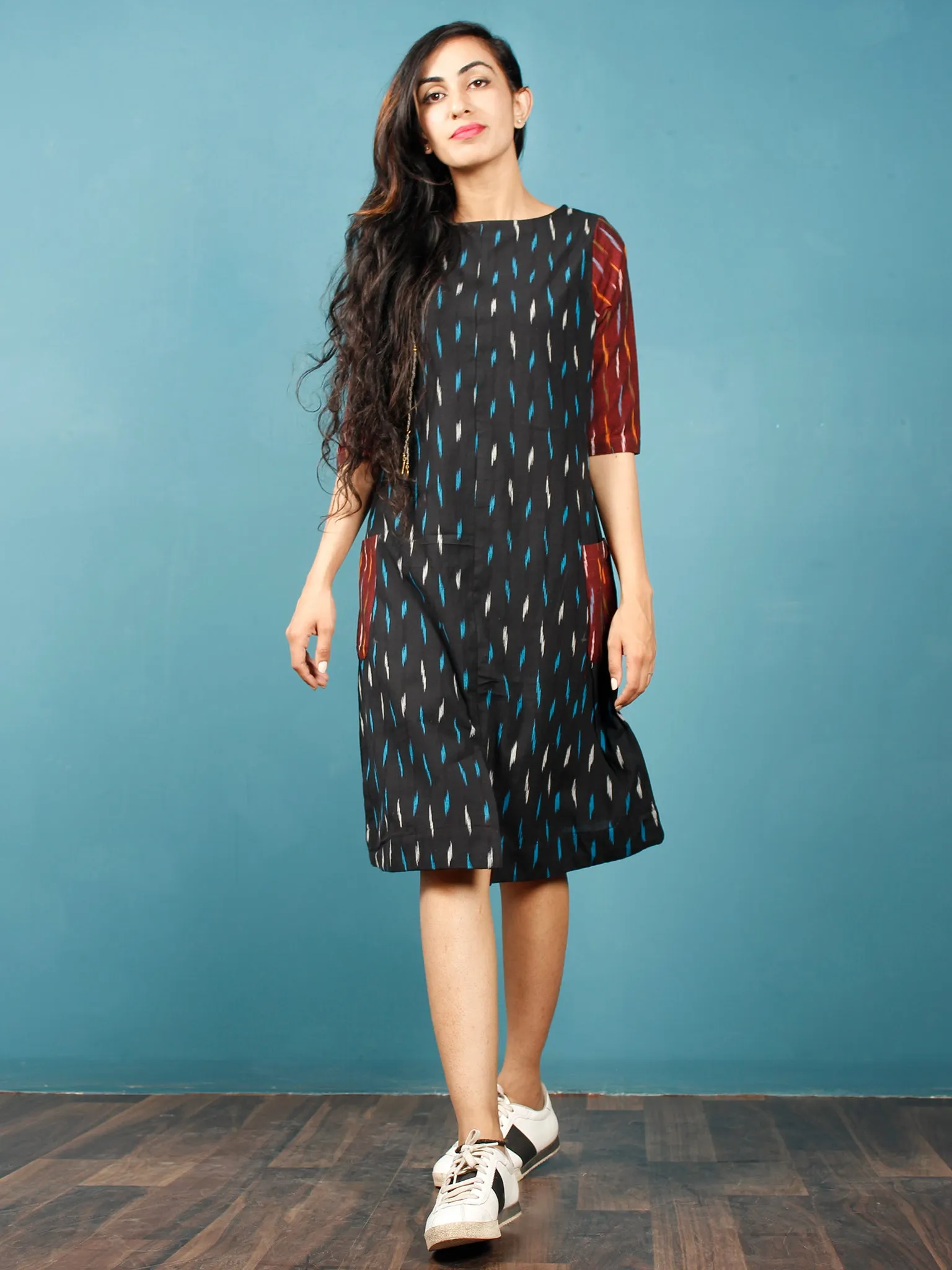 Black Turquoise Maroon White Ikat Handwoven Tunic Dress With Side Pockets And Back Slit - D66F739