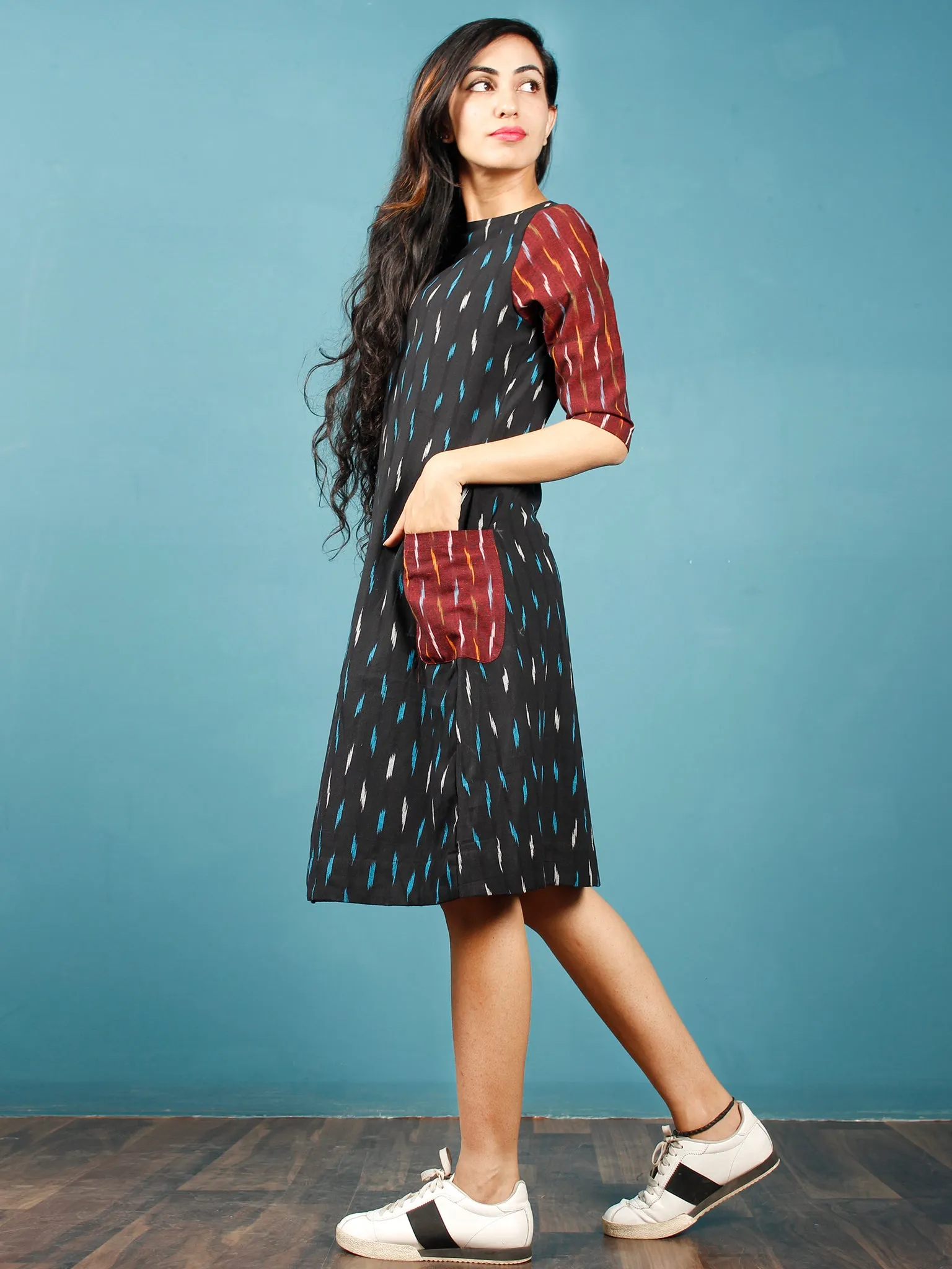 Black Turquoise Maroon White Ikat Handwoven Tunic Dress With Side Pockets And Back Slit - D66F739