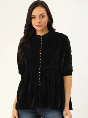 Black Velvet Front Button Gathered Top