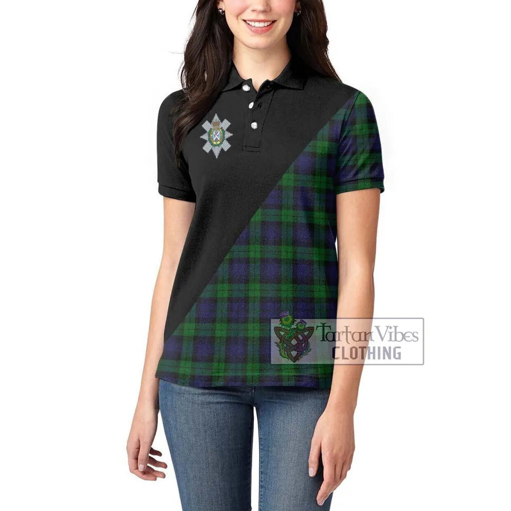 Black Watch Tartan Women's Polo Shirt with Family Crest and Military Logo Style