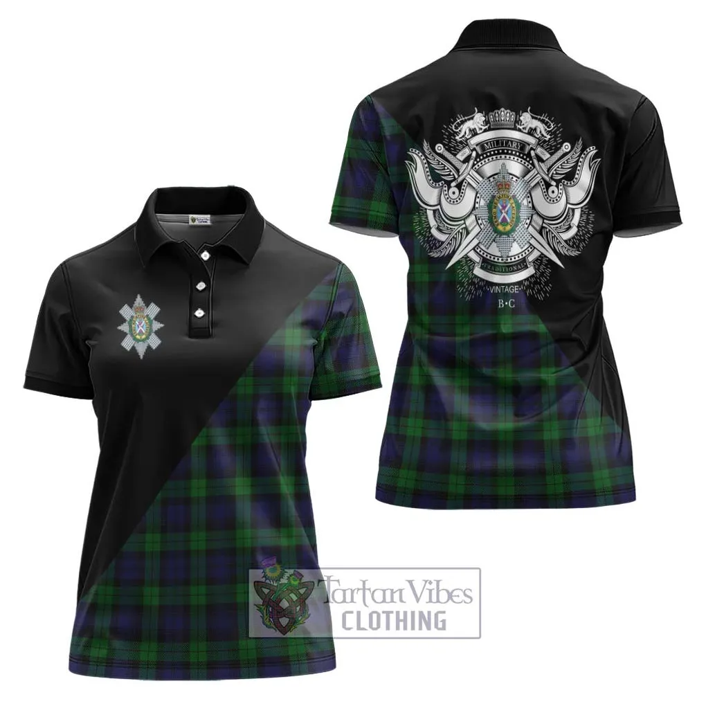 Black Watch Tartan Women's Polo Shirt with Family Crest and Military Logo Style