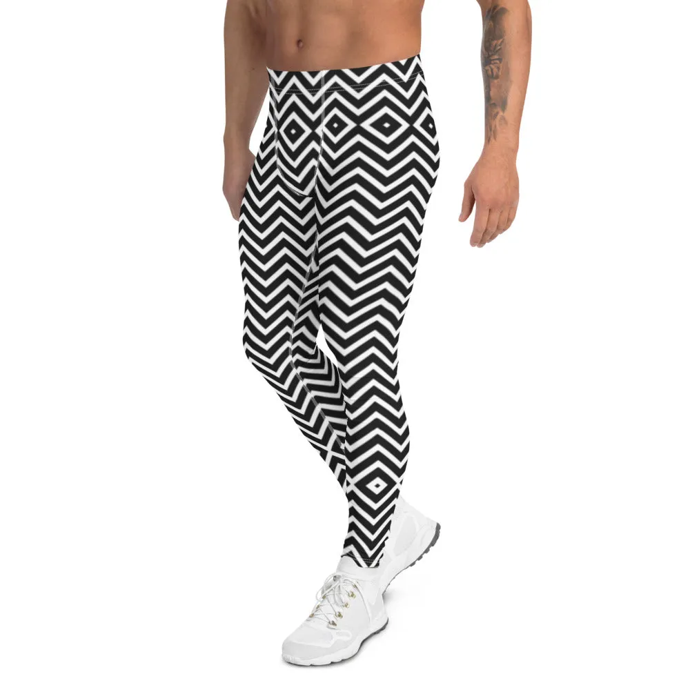 Black White Chevron Men's Leggings, Retro Style Meggings Compression Tights For Men - Made in USA/EU/MX