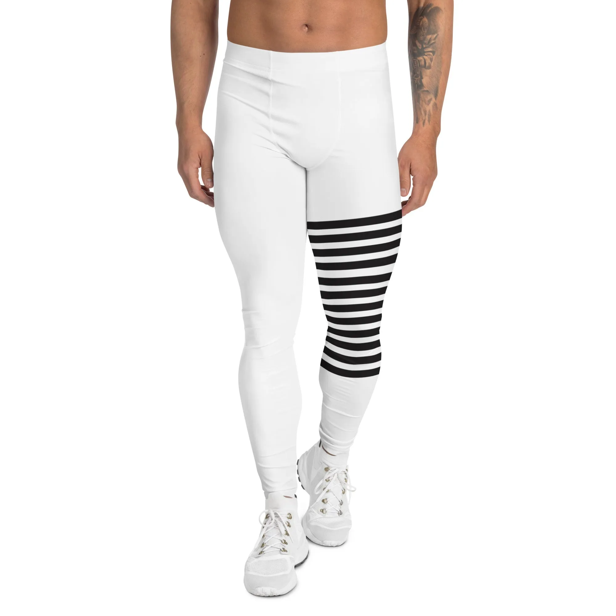 Black White Horizontally Striped Meggings, Premium Men's Leggings Compression Tights For Men - Made in USA/EU/MX