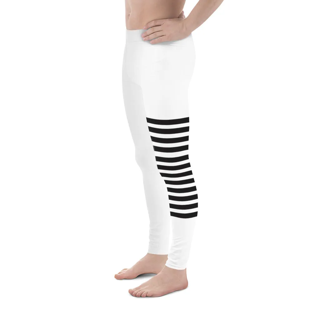 Black White Horizontally Striped Meggings, Premium Men's Leggings Compression Tights For Men - Made in USA/EU/MX