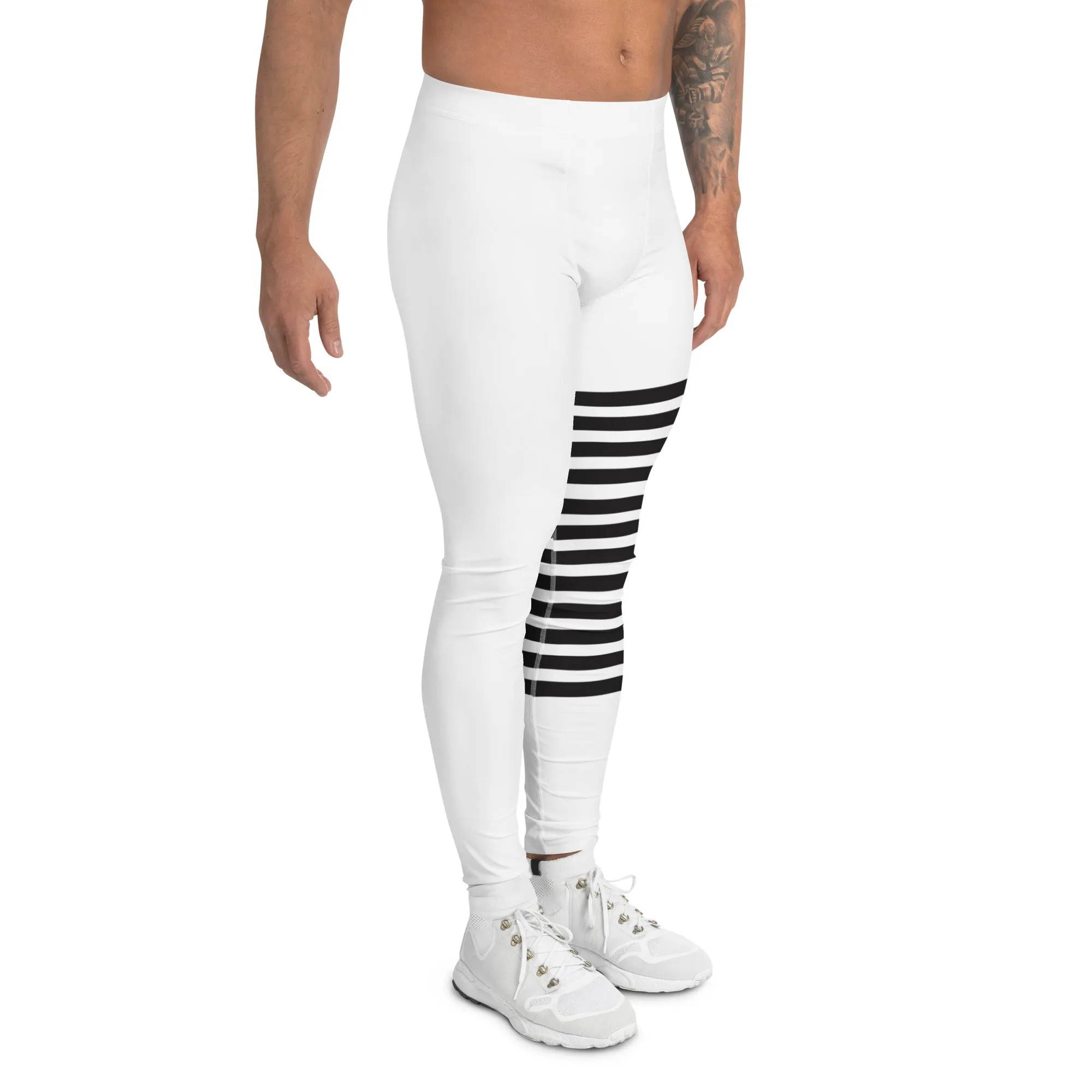 Black White Horizontally Striped Meggings, Premium Men's Leggings Compression Tights For Men - Made in USA/EU/MX