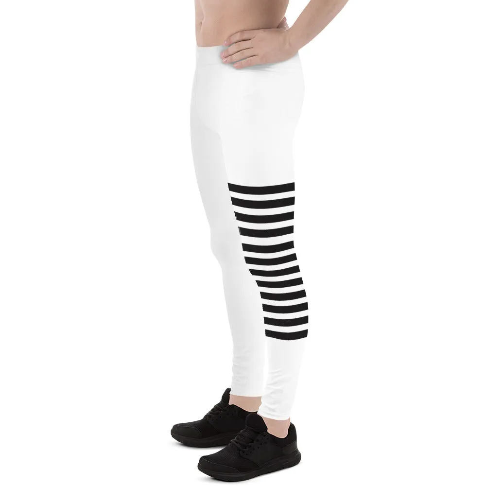 Black White Horizontally Striped Meggings, Premium Men's Leggings Compression Tights For Men - Made in USA/EU/MX