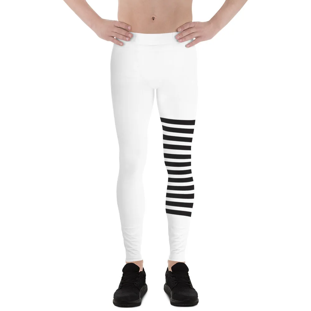 Black White Horizontally Striped Meggings, Premium Men's Leggings Compression Tights For Men - Made in USA/EU/MX